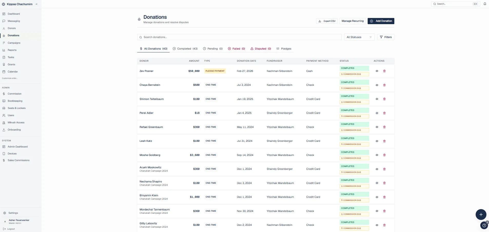 DonorForge donations workspace connecting donor, campaign, payment, and fund details